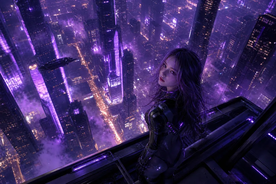 Purple Futuristic Megacity Skyline Ai-Girls Wallpaper 6 4K 5