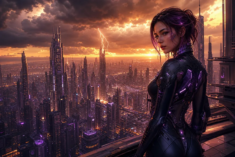 Purple Futuristic Megacity Skyline Ai-Girls Wallpaper 6 4K 6