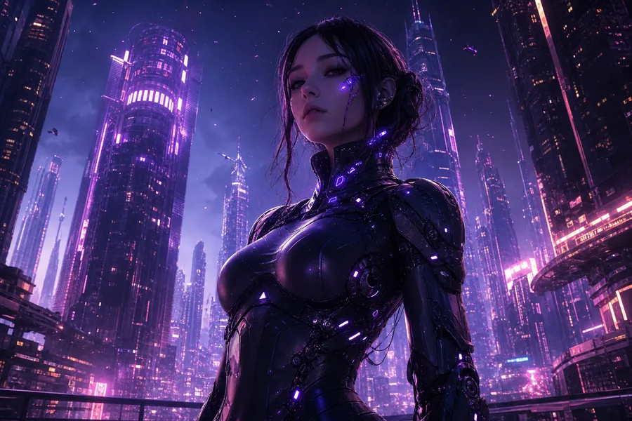 Purple Futuristic Megacity Skyline Ai-Girls Wallpaper 6 4K 7