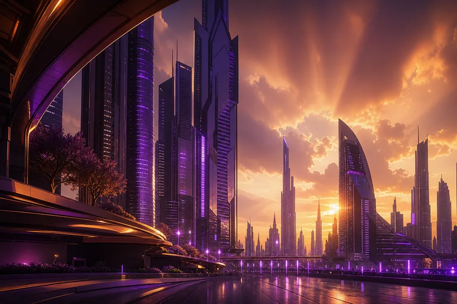 Purple Futuristic Megacity Skyline Architecture Wallpaper 6 4K 5