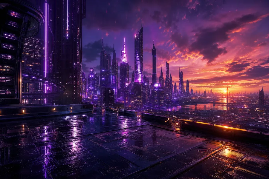 Purple Futuristic Megacity Skyline Cyberpunk Wallpaper 6 4K 14