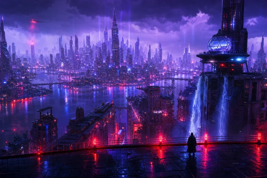 Purple Futuristic Megacity Skyline Cyberpunk Wallpaper 6 4K 5