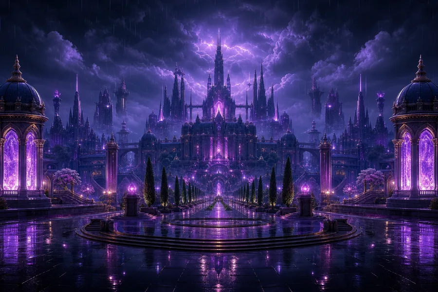 Purple Futuristic Megacity Skyline Fantasy Wallpaper 6 4K 2