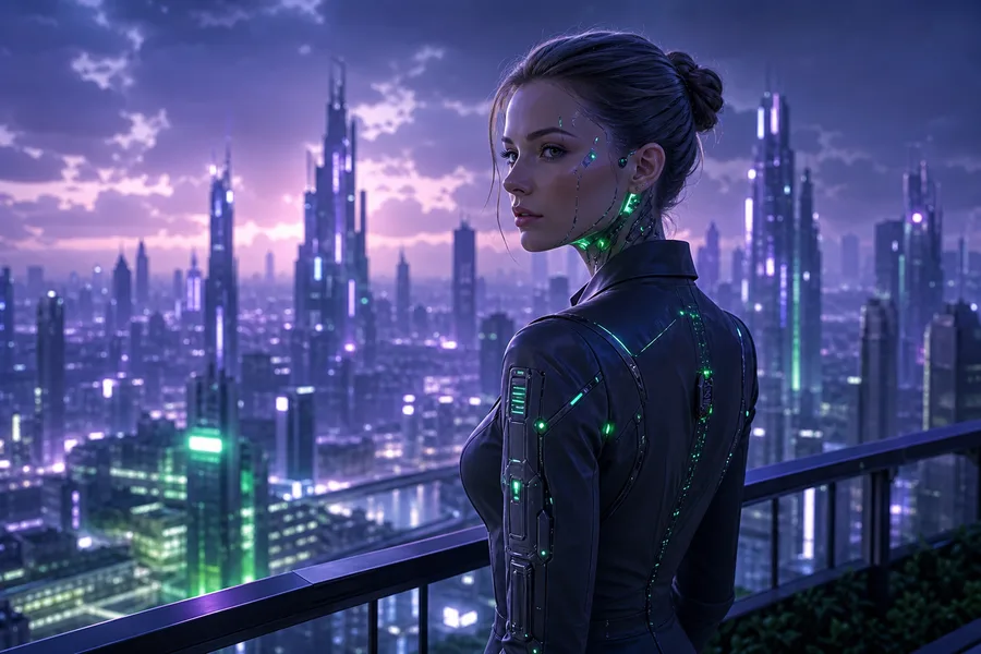 Purple Futuristic Megacity Skyline Female-Androids Wallpaper  6 4K