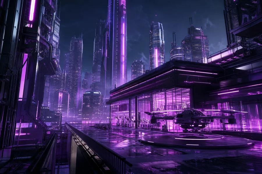 Purple Futuristic Megacity Skyline Hamster-Robotics Wallpaper 6 4K 4