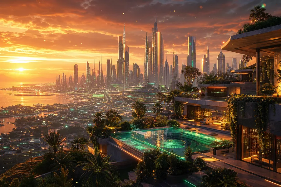 Purple Futuristic Megacity Skyline Luxury-Villas Wallpaper  6 4K