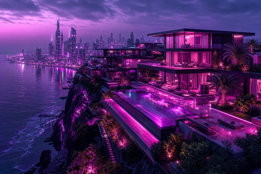 Purple Futuristic Megacity Skyline Luxury-Villas Wallpaper 6 4K 6