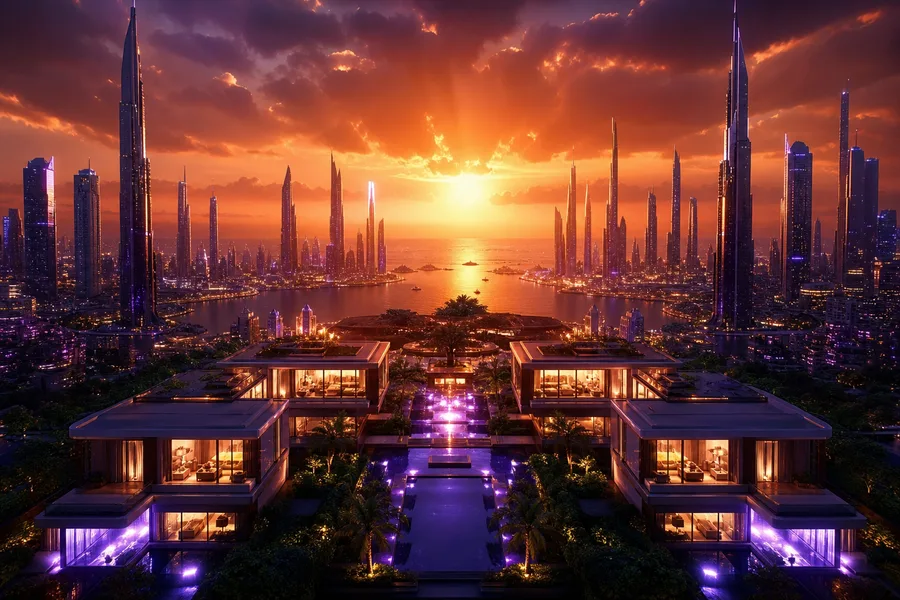 Purple Futuristic Megacity Skyline Luxury-Villas Wallpaper  6 4K