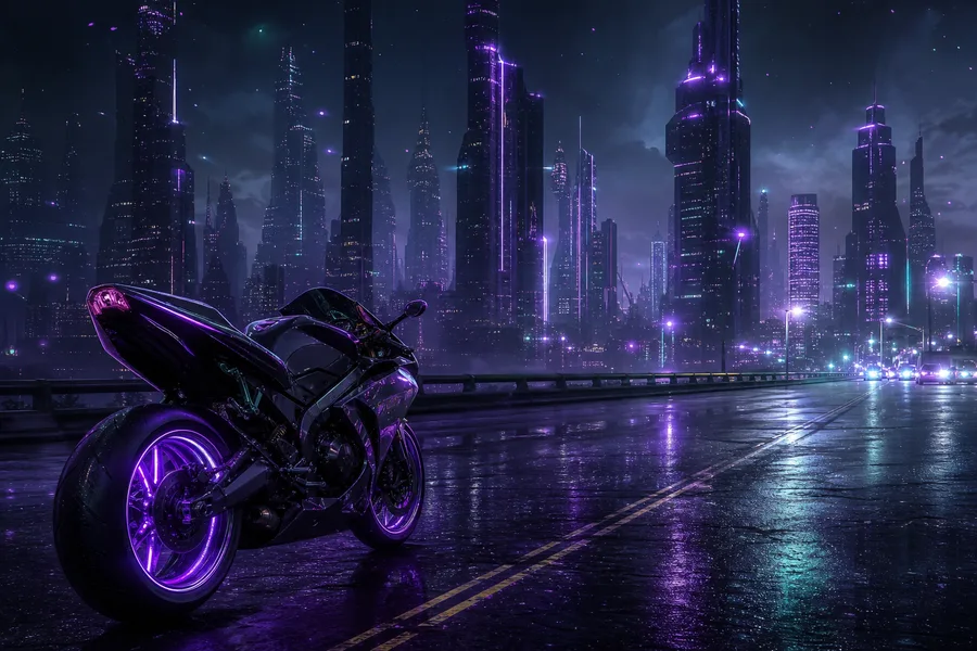 Purple Futuristic Megacity Skyline Motorcycles Wallpaper 6 4K 2