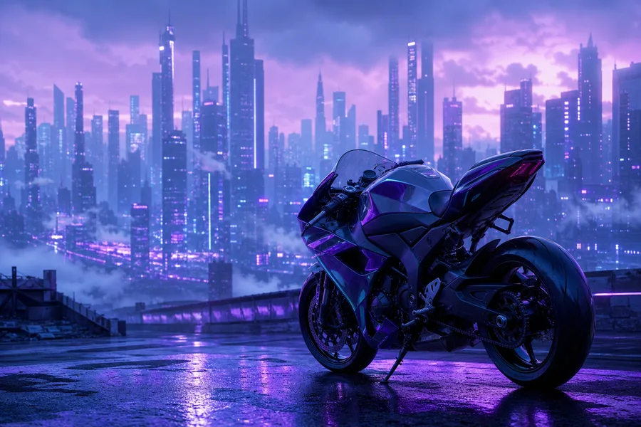 Purple Futuristic Megacity Skyline Motorcycles Wallpaper 6 4K 5