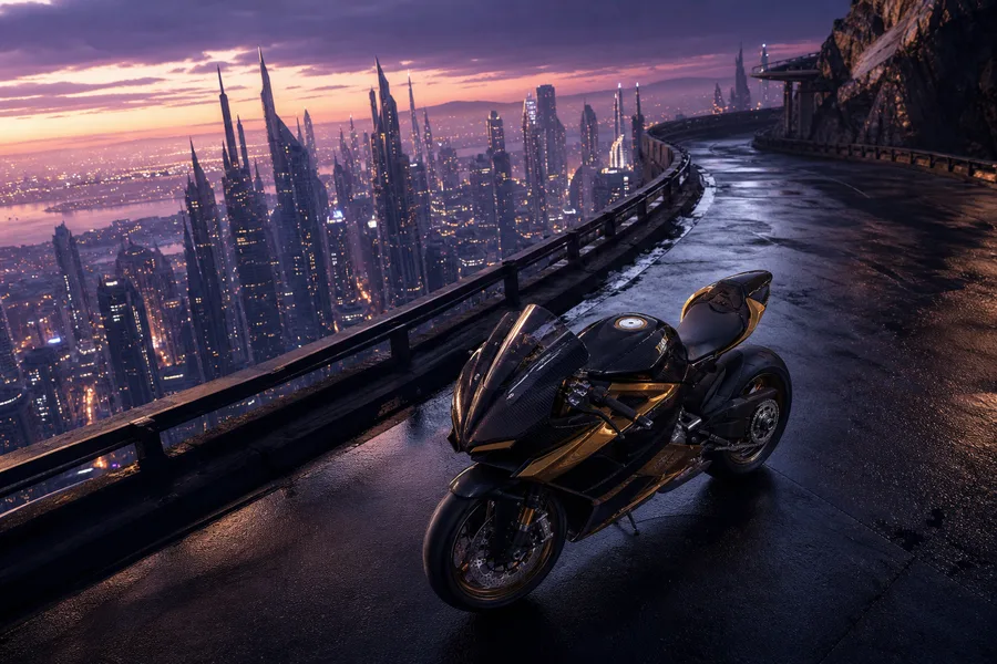Purple Futuristic Megacity Skyline Motorcycles Wallpaper 6 4K 6