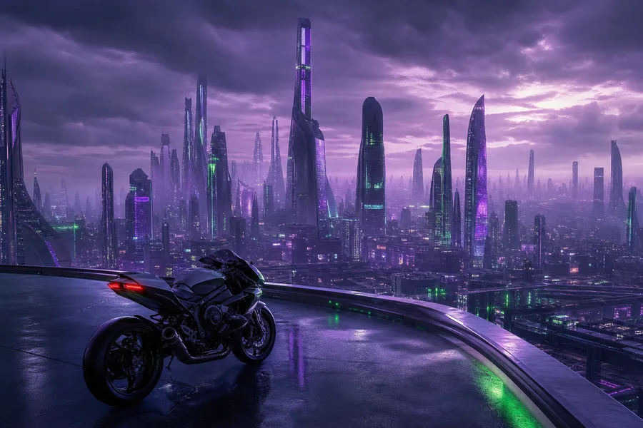 Purple Futuristic Megacity Skyline Motorcycles Wallpaper  6 4K