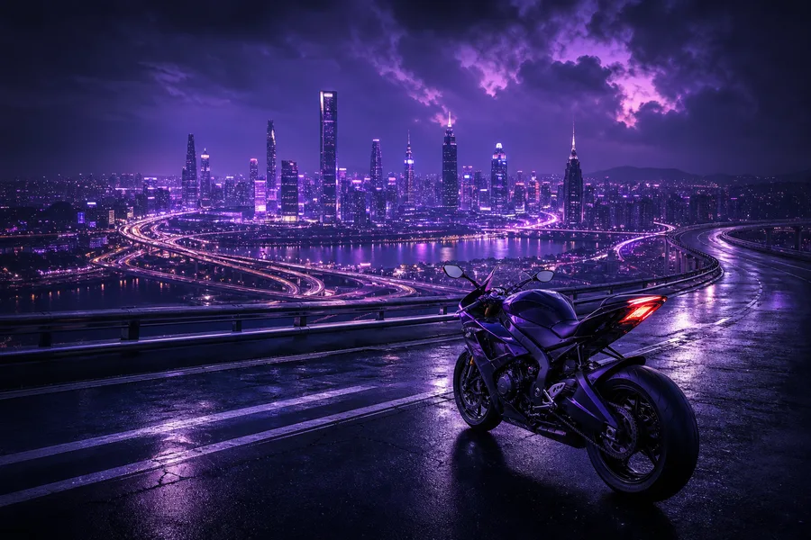 Purple Futuristic Megacity Skyline Motorcycles Wallpaper  6 4K