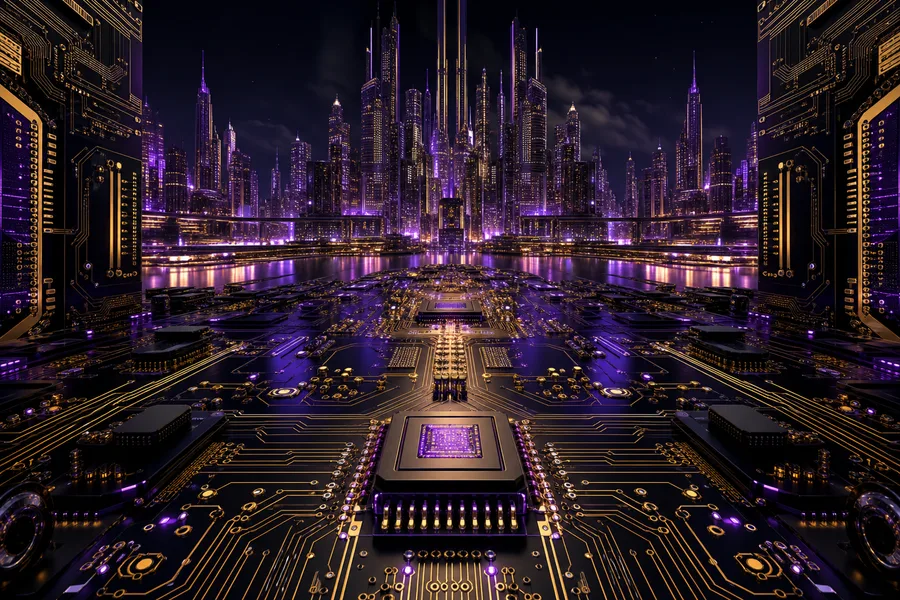 Purple Futuristic Megacity Skyline Pcb-Design Wallpaper  6 4K