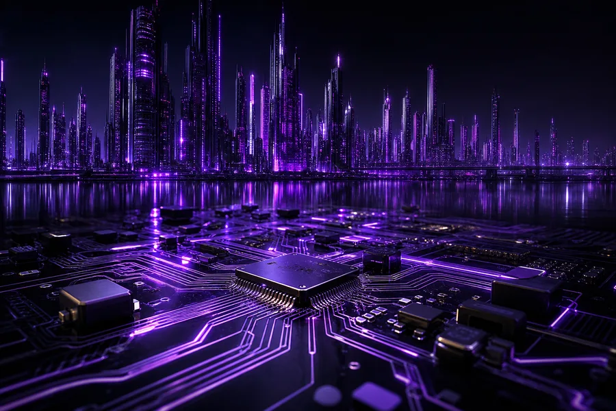Purple Futuristic Megacity Skyline Pcb-Design Wallpaper  6 4K