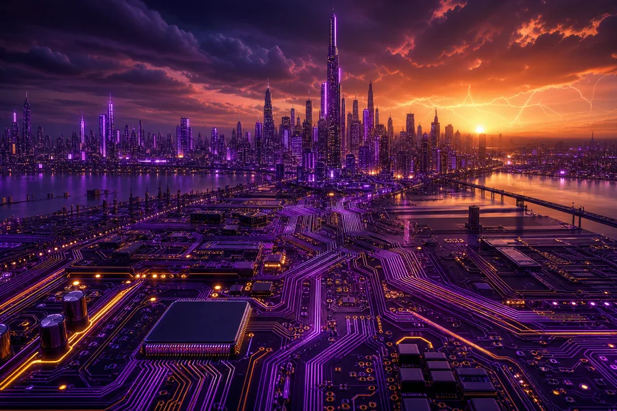 Purple Futuristic Megacity Skyline Pcb-Design Wallpaper 6 4K 2