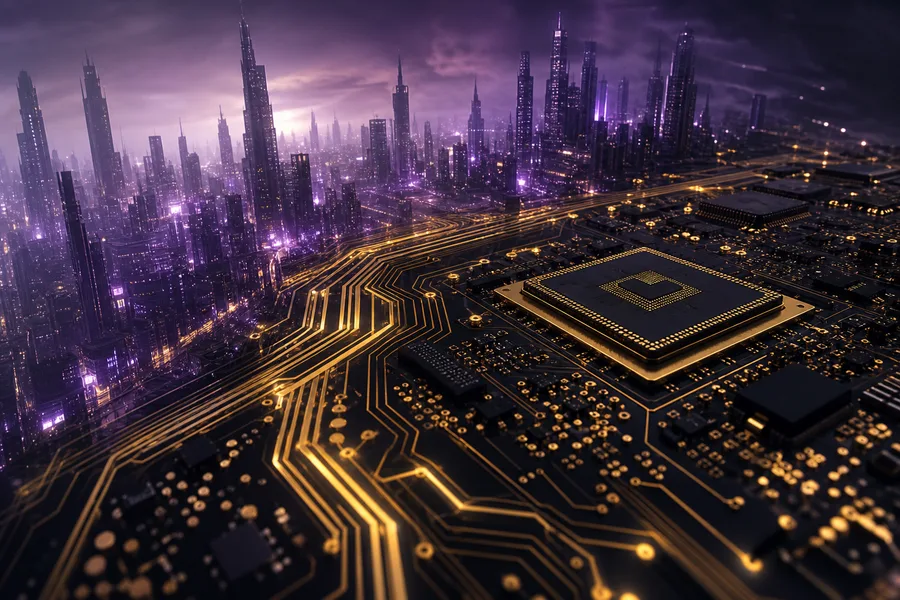 Purple Futuristic Megacity Skyline Pcb-Design Wallpaper 6 4K 4