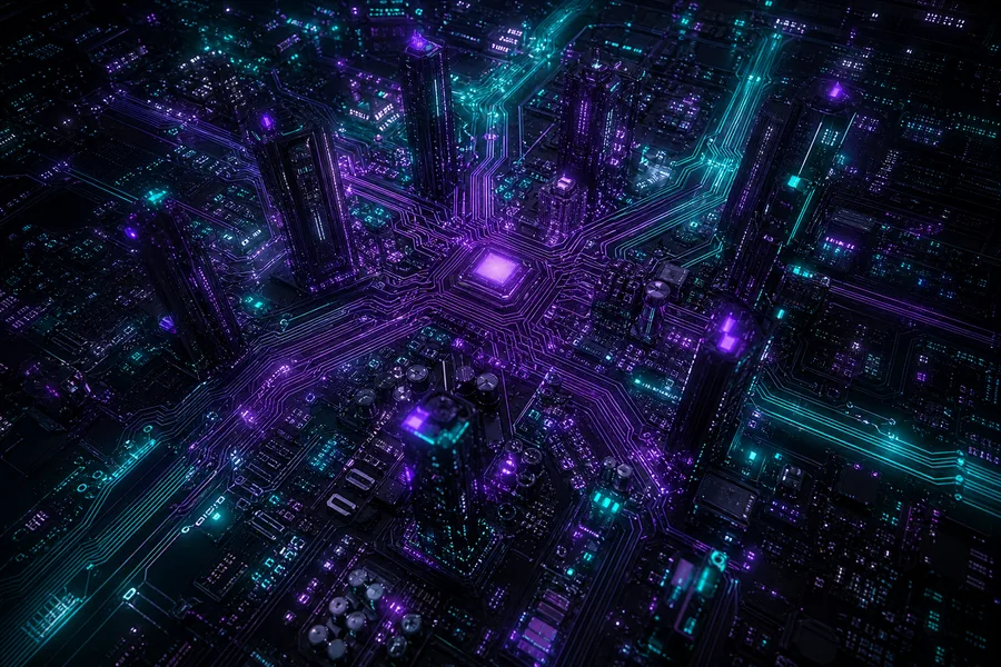 Purple Futuristic Megacity Skyline Pcb-Design Wallpaper 6 4K 6
