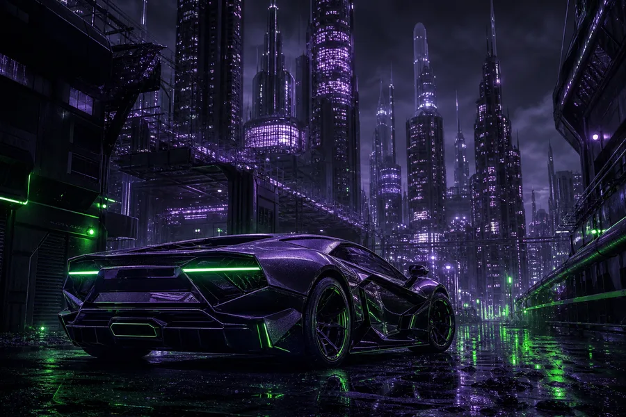 Purple Futuristic Megacity Skyline Supercars Wallpaper 6 4K 2