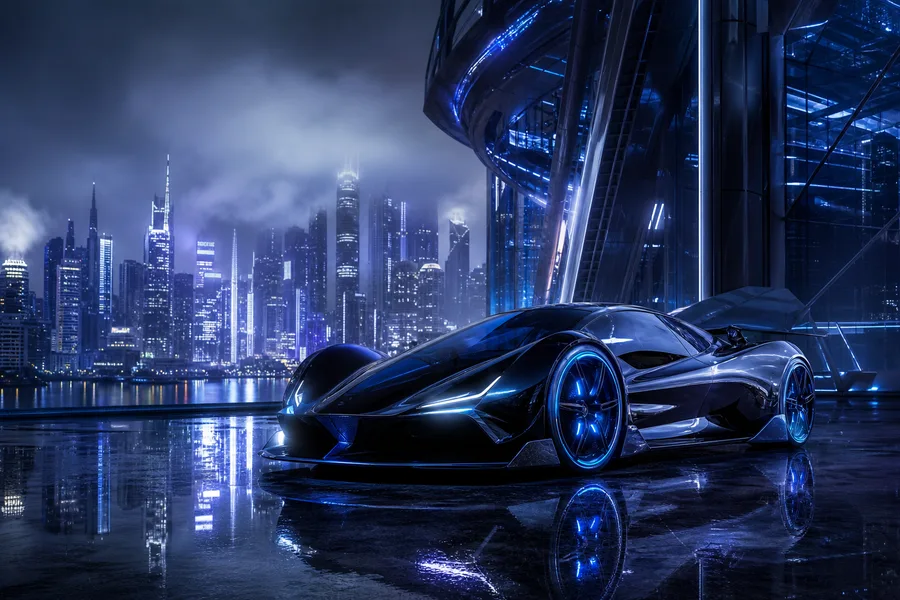 Purple Futuristic Megacity Skyline Supercars Wallpaper 6 4K 4