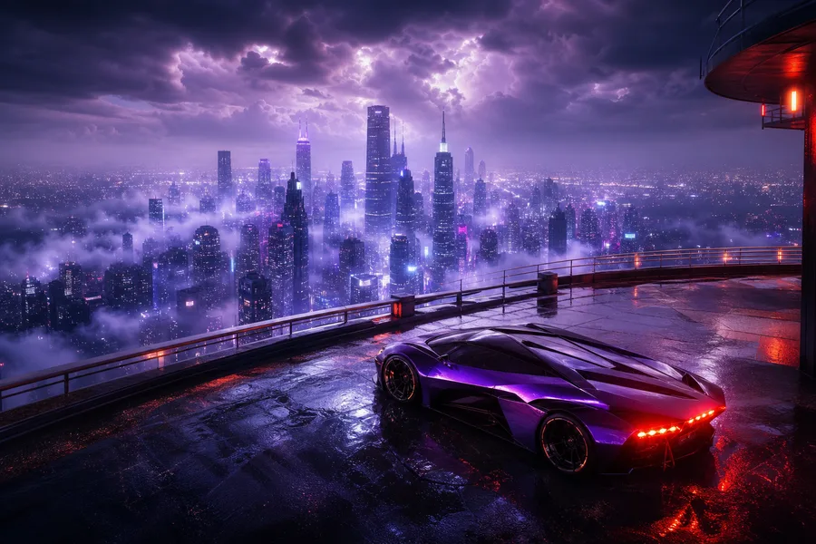 Purple Futuristic Megacity Skyline Supercars Wallpaper 6 4K 5