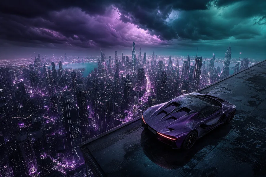 Purple Futuristic Megacity Skyline Supercars Wallpaper 6 4K 7