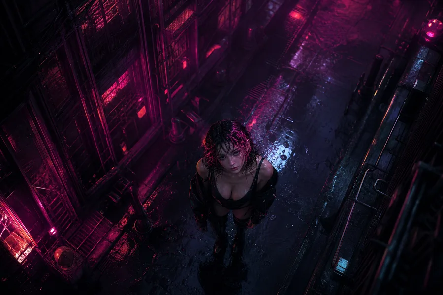 Rainy Neon Alley With Reflections Ai-Girls Wallpaper 4 4K 3
