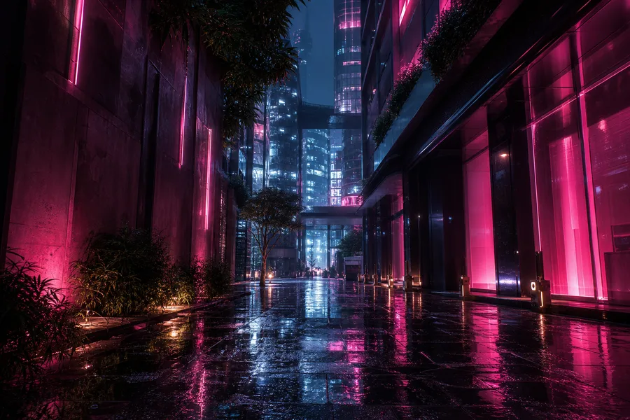 Rainy Neon Alley With Reflections Architecture Wallpaper 4 4K 4