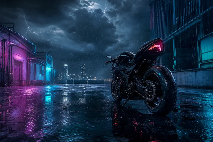 Rainy Neon Alley With Reflections Motorcycles Wallpaper 4 4K 2