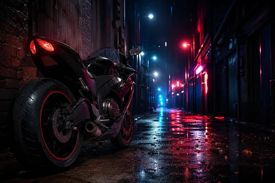 Rainy Neon Alley With Reflections Motorcycles Wallpaper 4 4K
