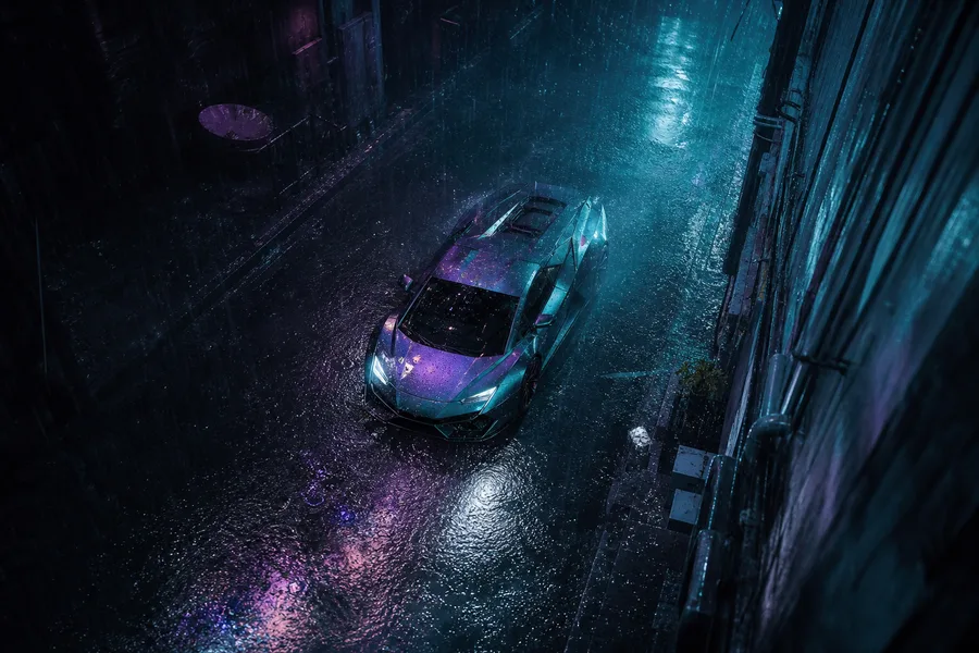 Rainy Neon Alley With Reflections Supercars Wallpaper 4 4K 4
