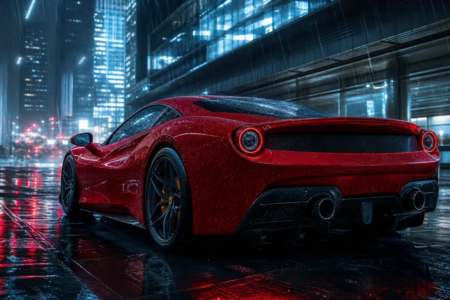 Red Ferrari In Rainy City Cars Wallpaper  2 4K