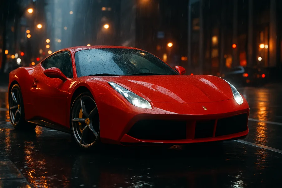 Red Ferrari In Rainy City Cars Wallpaper 2 4K