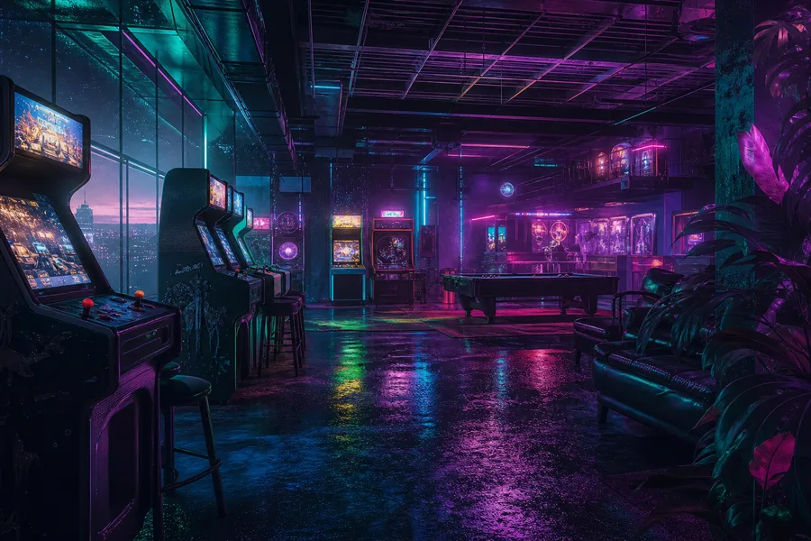 Retro Arcade Room With Neon Machines Gaming Wallpaper 17 4K 6
