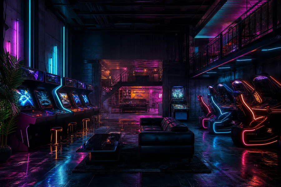 Retro Arcade Room With Neon Machines Gaming Wallpaper 7 4K 13