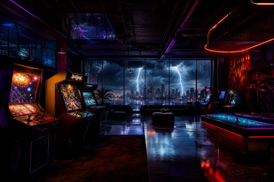 Retro Arcade Room With Neon Machines Gaming Wallpaper 7 4K 15