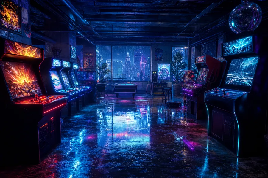 Retro Arcade Room With Neon Machines Gaming Wallpaper  7 4K