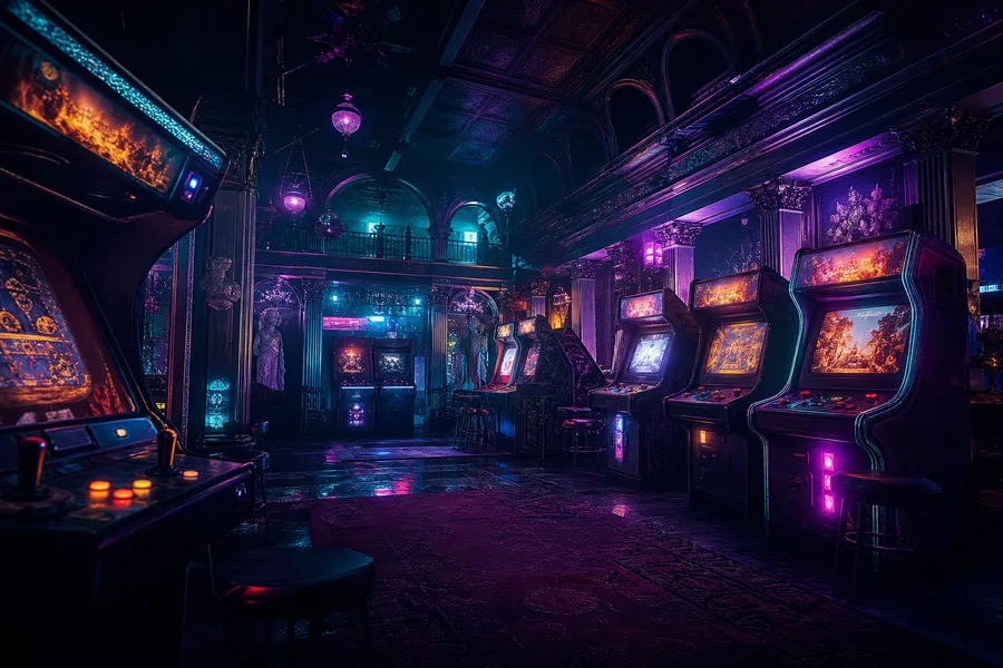 Retro Arcade Room With Neon Machines Gaming Wallpaper 7 4K 3