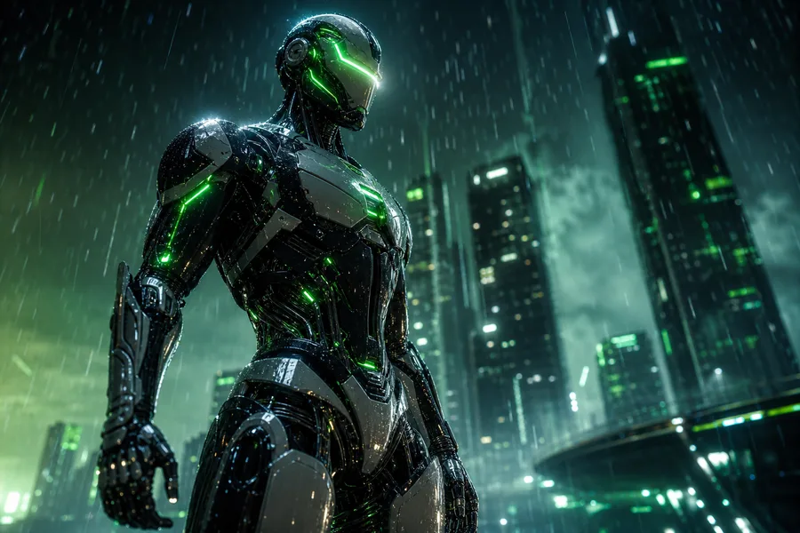 Robot Warrior Standing In Neon Rain Robots Wallpaper 2 4K 13