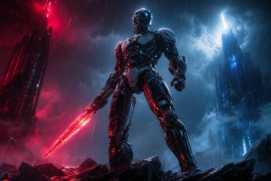 Robot Warrior Standing In Neon Rain Robots Wallpaper 2 4K 5