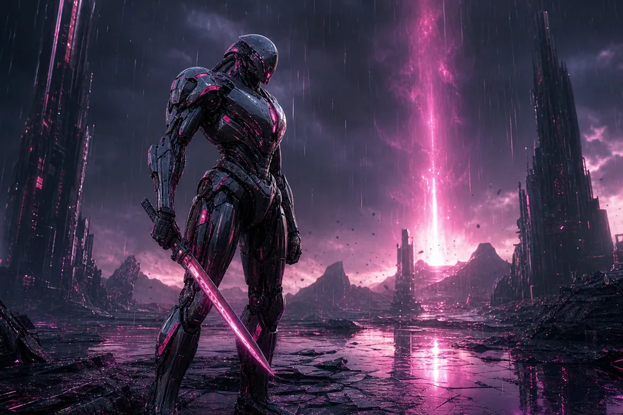 Robot Warrior Standing In Neon Rain Robots Wallpaper 2 4K 9