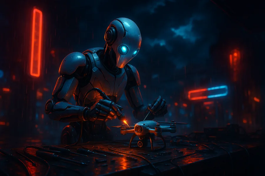 Robot Warrior Standing In Neon Rain Robots Wallpaper 2 4K