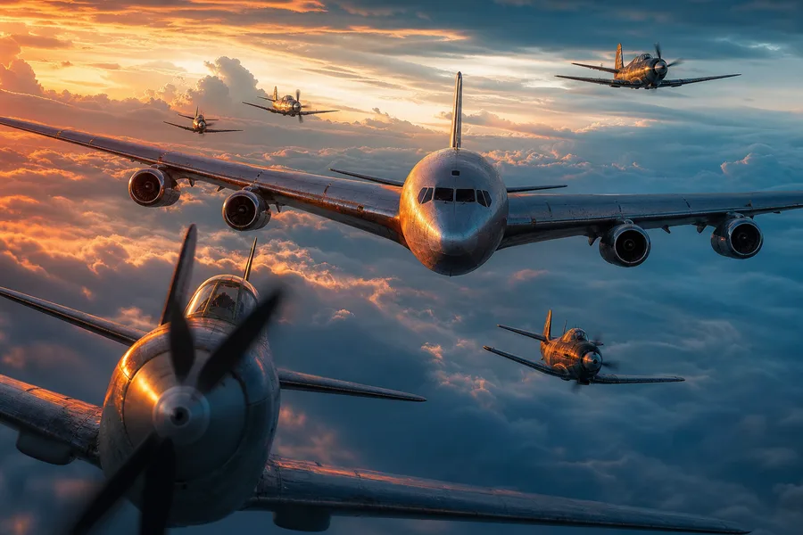 Vintage Aircraft Formation In Dramatic Sunset Clouds Airplanes Wallpaper 3 4K 13