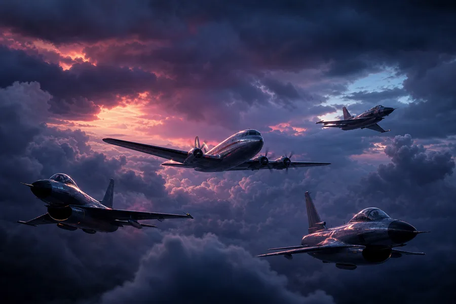 Vintage Aircraft Formation In Dramatic Sunset Clouds Airplanes Wallpaper 3 4K 14