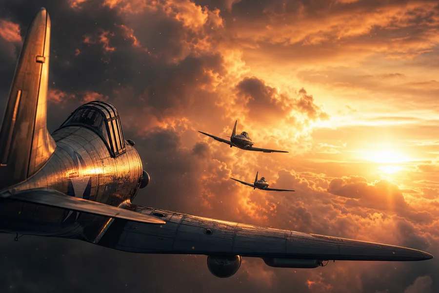 Vintage Aircraft Formation In Dramatic Sunset Clouds Airplanes Wallpaper 3 4K 7